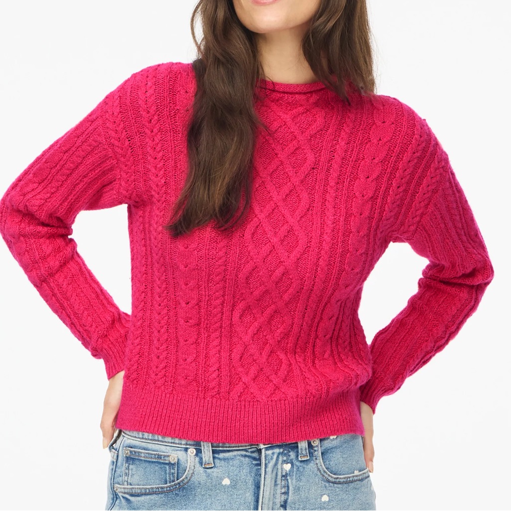 Nwt New J.Crew J Crew Small Bright Pink Crew Roll Mock Neck Cable Knit Sweater